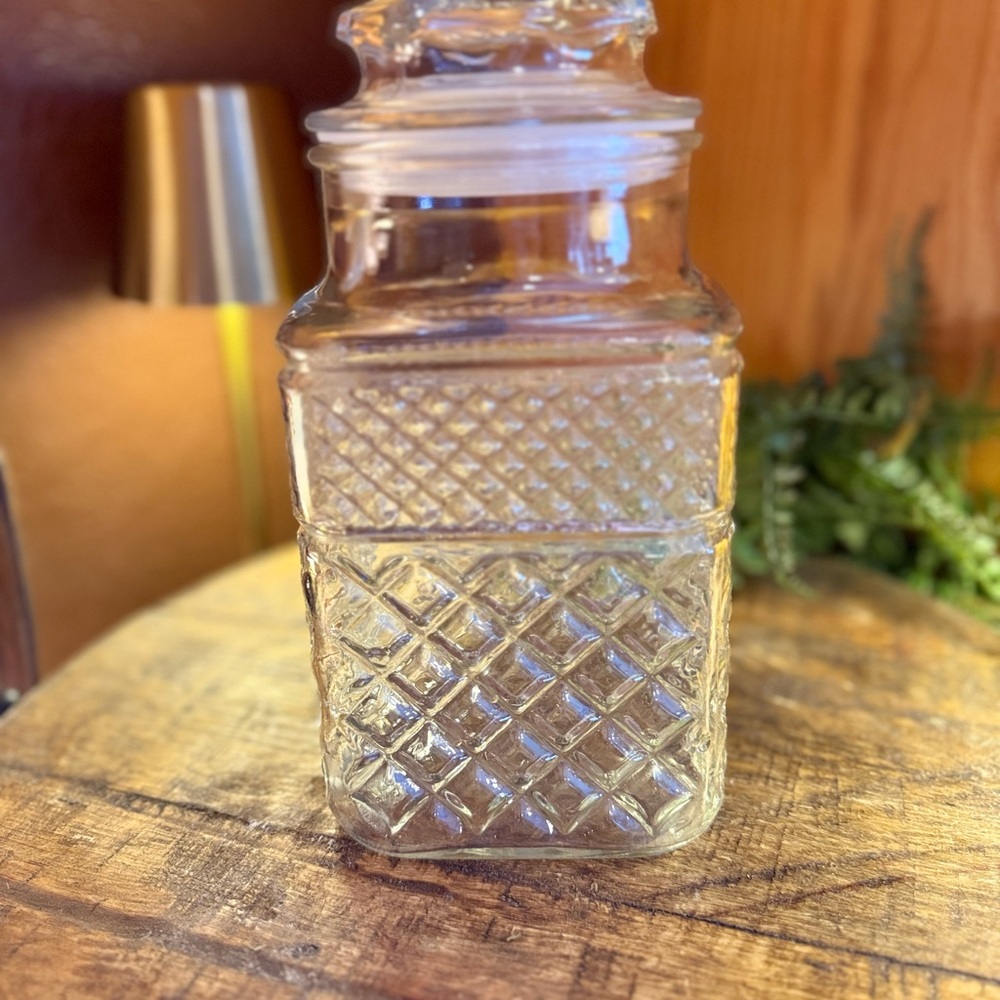 Anchor Hockings Glass Jar with Lid Diamond Pattern USA Collectible 9"